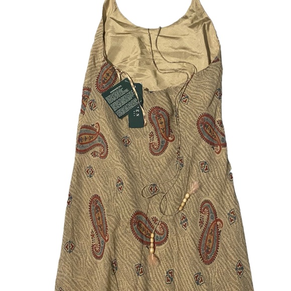 NWT Ralph Lauren Paisley Halter Neck Silk Chiffon Slip Midi Tan Dress Womens 10 - Picture 8 of 8